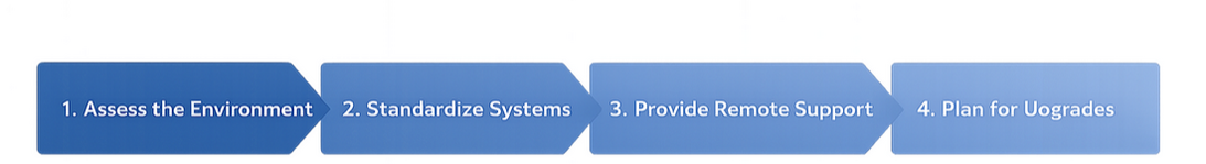 Assess the environment. Standardize systems. Provide remote support. Plan for upgrades.